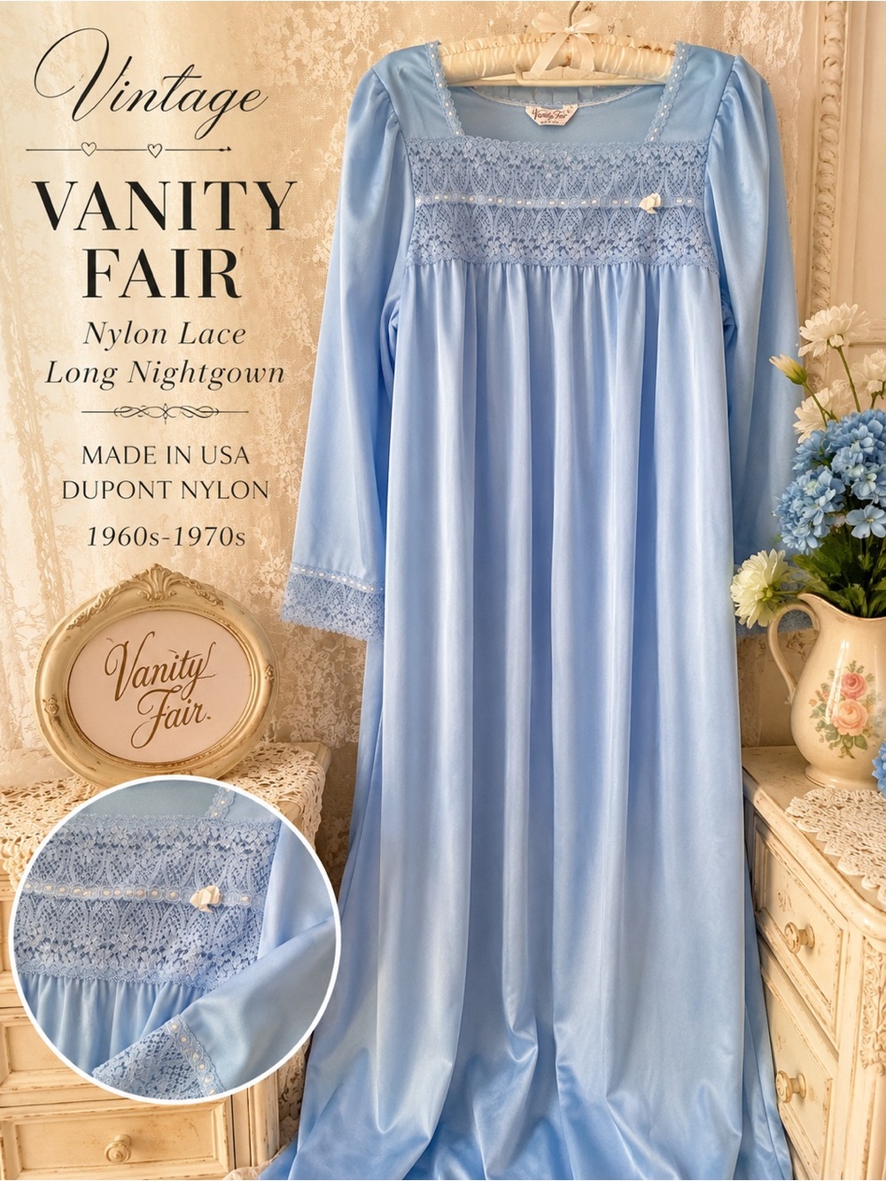 Vintage Vanity Fair Blue Nylon Lace Long Nightgown Made in USA L Romantic
